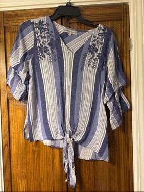 Absolutely Famous Blue and White Striped Tie-Front Blouse with Floral detailing